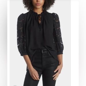 Vince Camuto Ruffle Split Neck Blouse with Lace & Sequin Sleeves